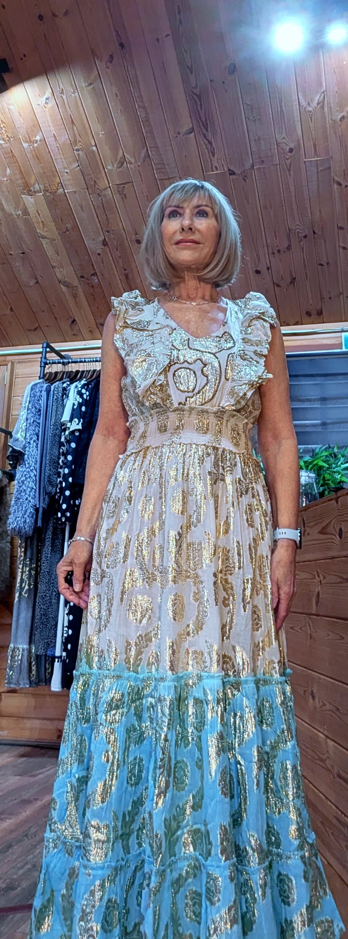 Gianna Boho Maxi Embossed  Dress Turquoise Or  Gold