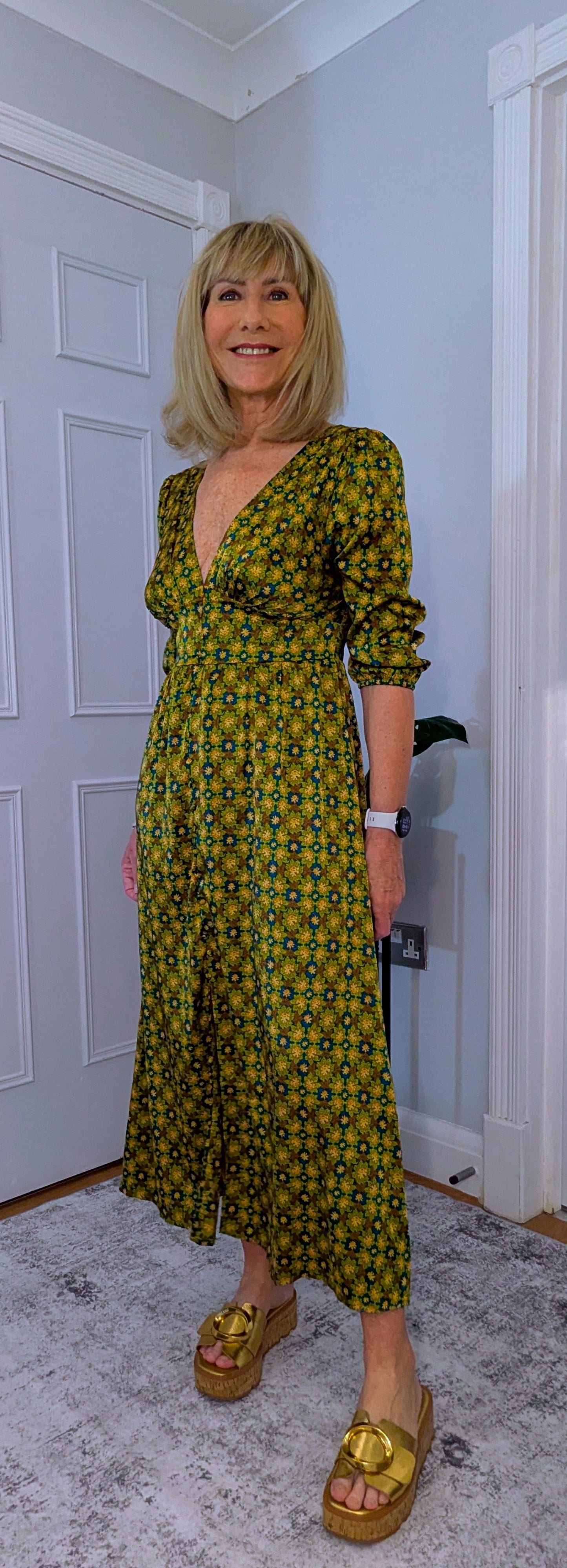 Allegra  Midi Dress in Olive Green and Gold With Tie Back