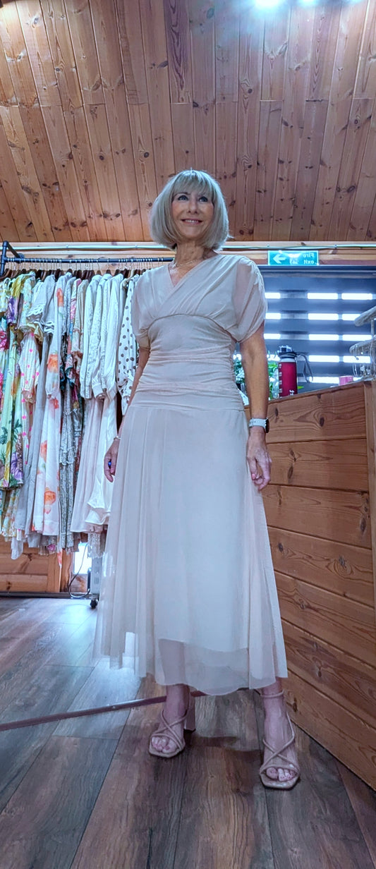 Darla champagne draped occasion dress with ruched waist