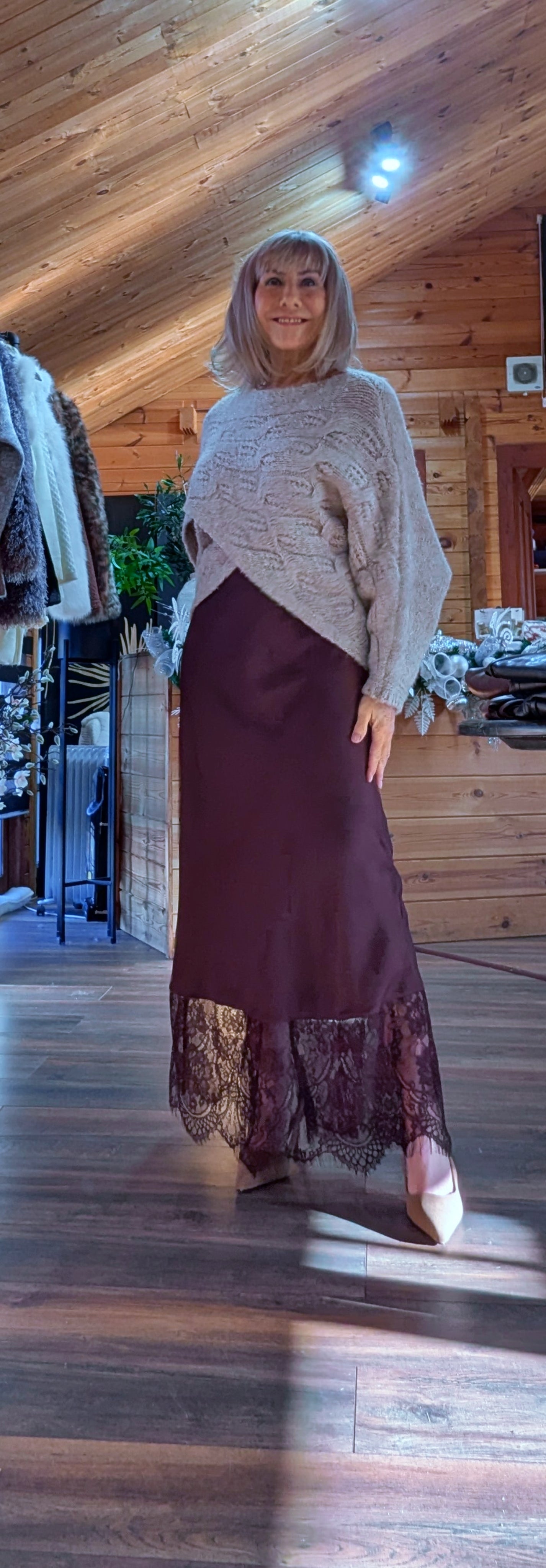 Lumine Chocolate Satin Slip Skirt – Lace Frill Hem