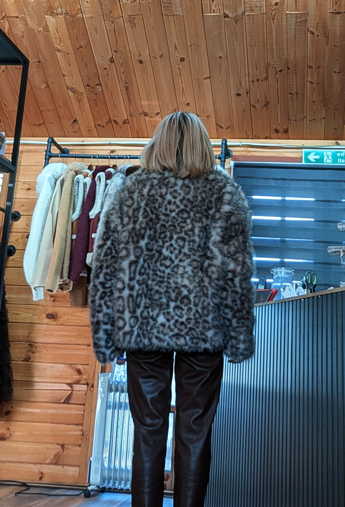 Rear view Minnie Leopard Faux Fur Coat