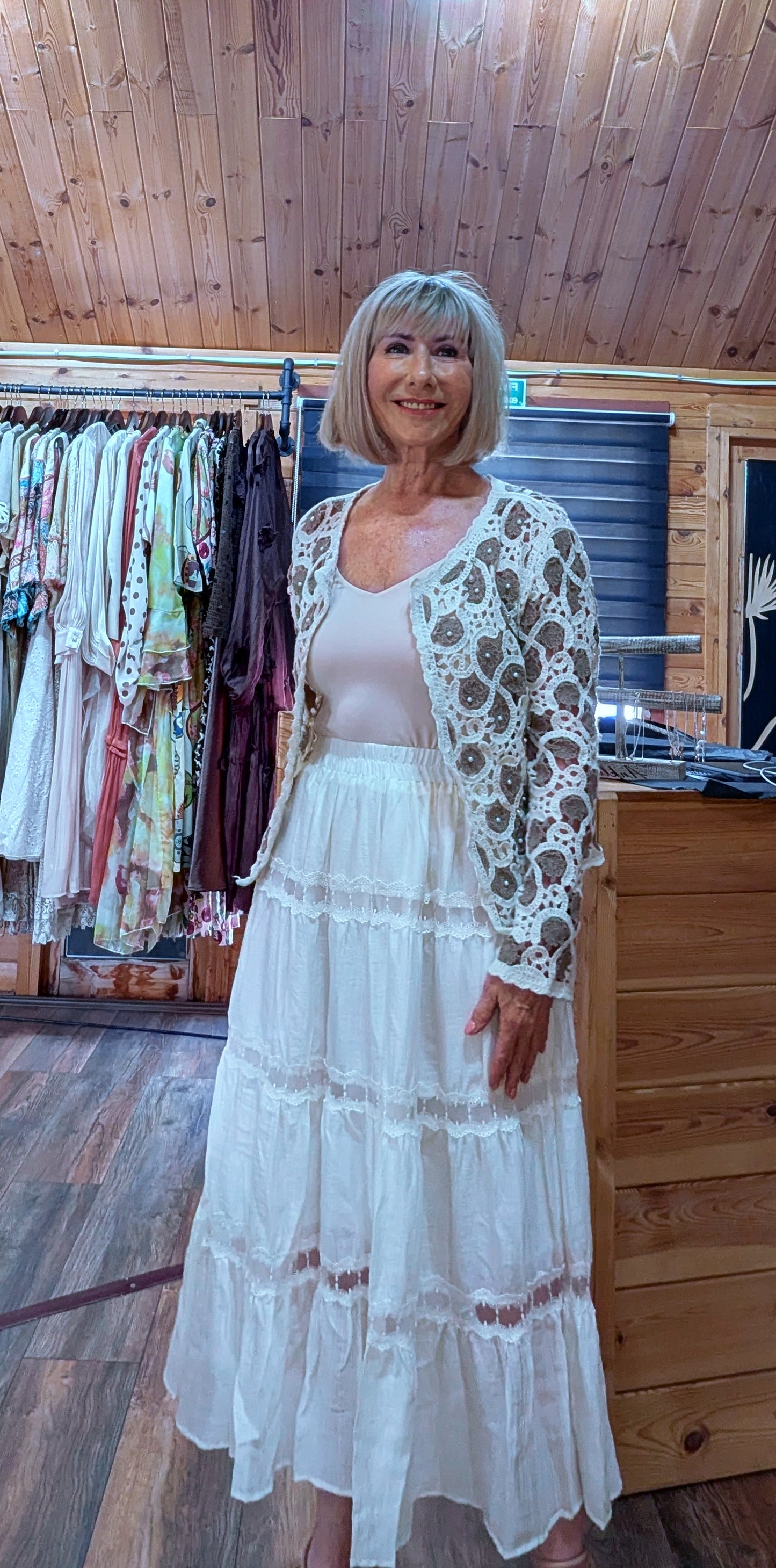 Piper Taupe Crochet Cardigan  worn with an ivory boho skirt