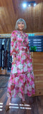 Luna Floral Crepe Maxi Dress in Pink- Green with Frill V-Neck
