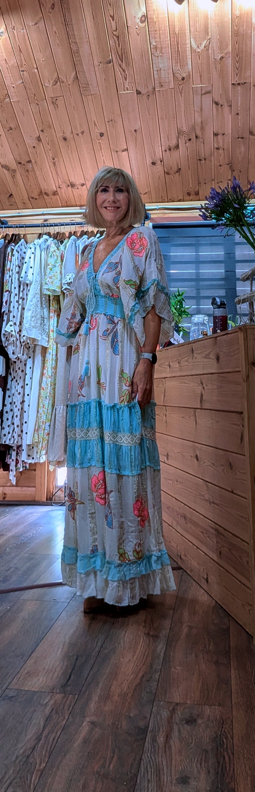 Front view of the Lucy boho maxi dress with tassel ties and an elasticated waist.