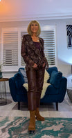 Emery Sheer Blouse – Coffee & Taupe Swirl with Frilled V-Neck