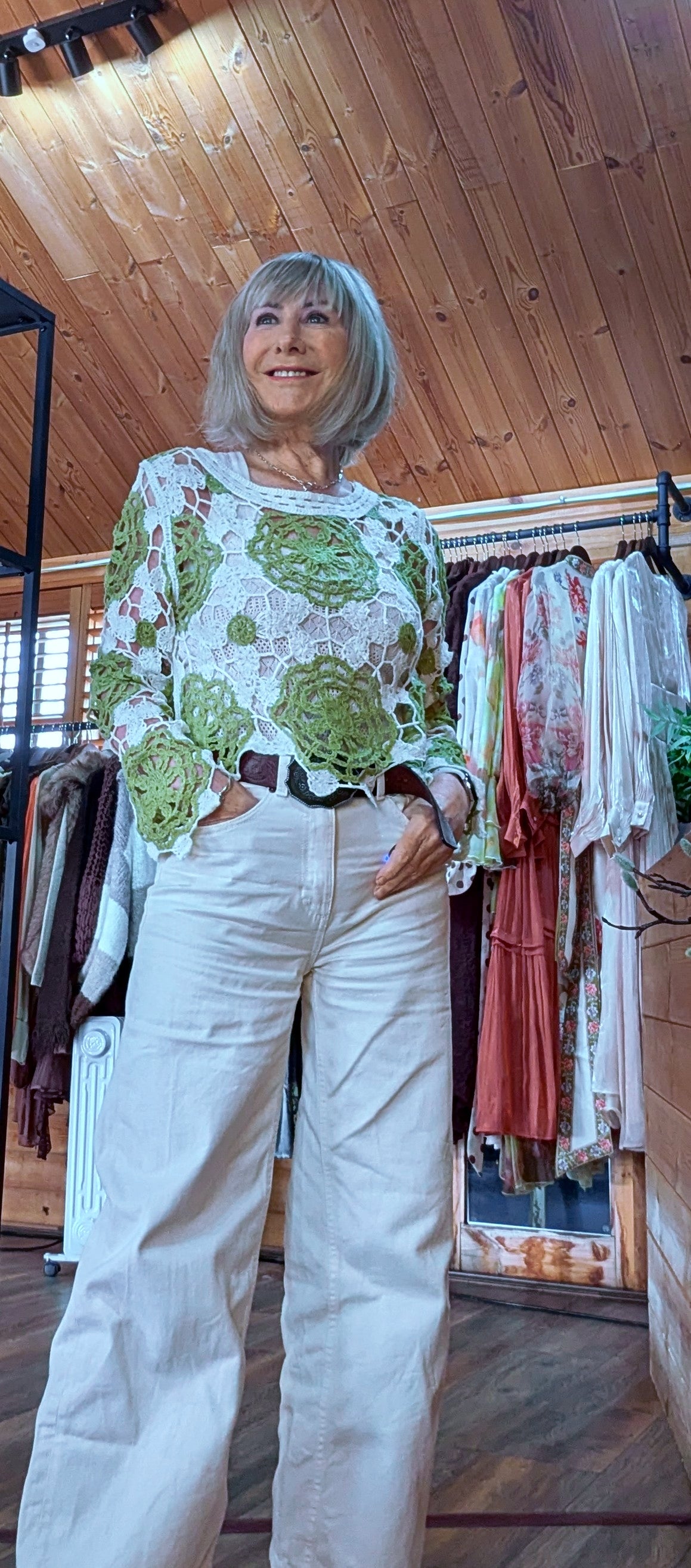 Pippa Green & Ecru Crochet Style Sweater
