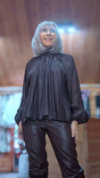 Joanna Chocolate High-Neck Blouse – Balloon Sleeves