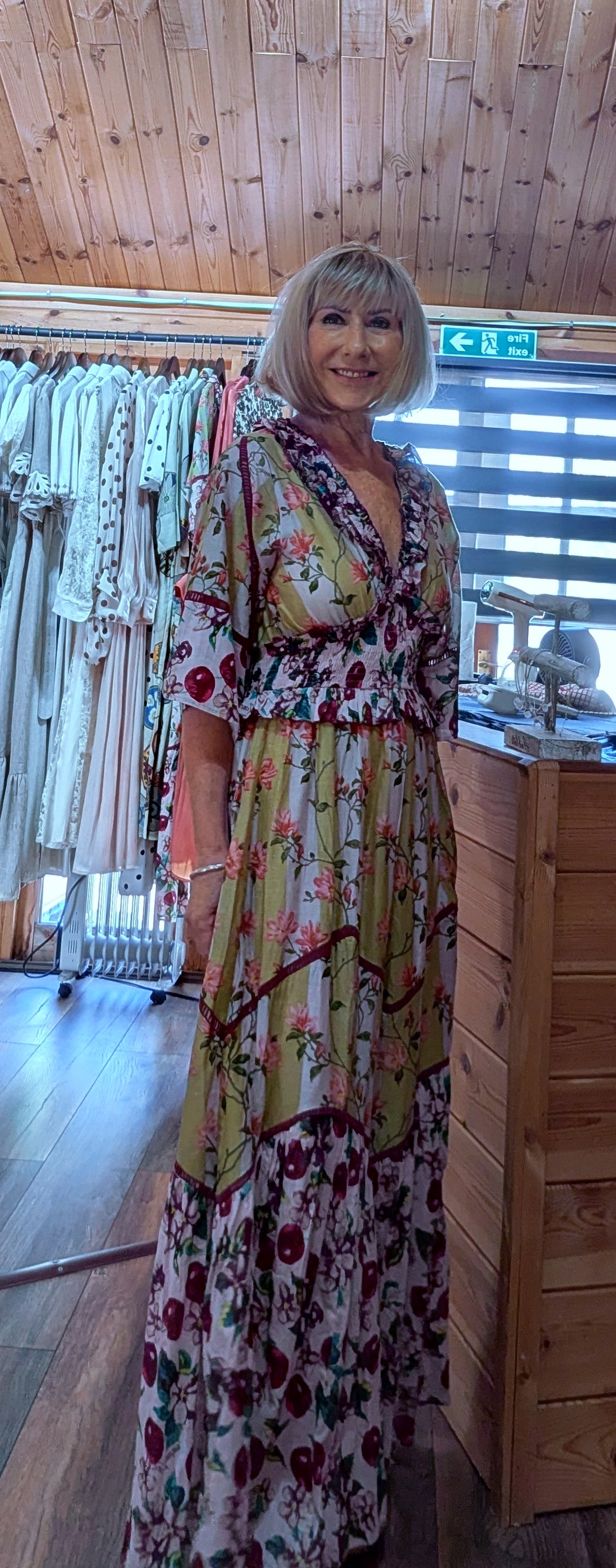 Felicity Bohemian Maxi  Dress in Maroon and Gold Shirred Waist