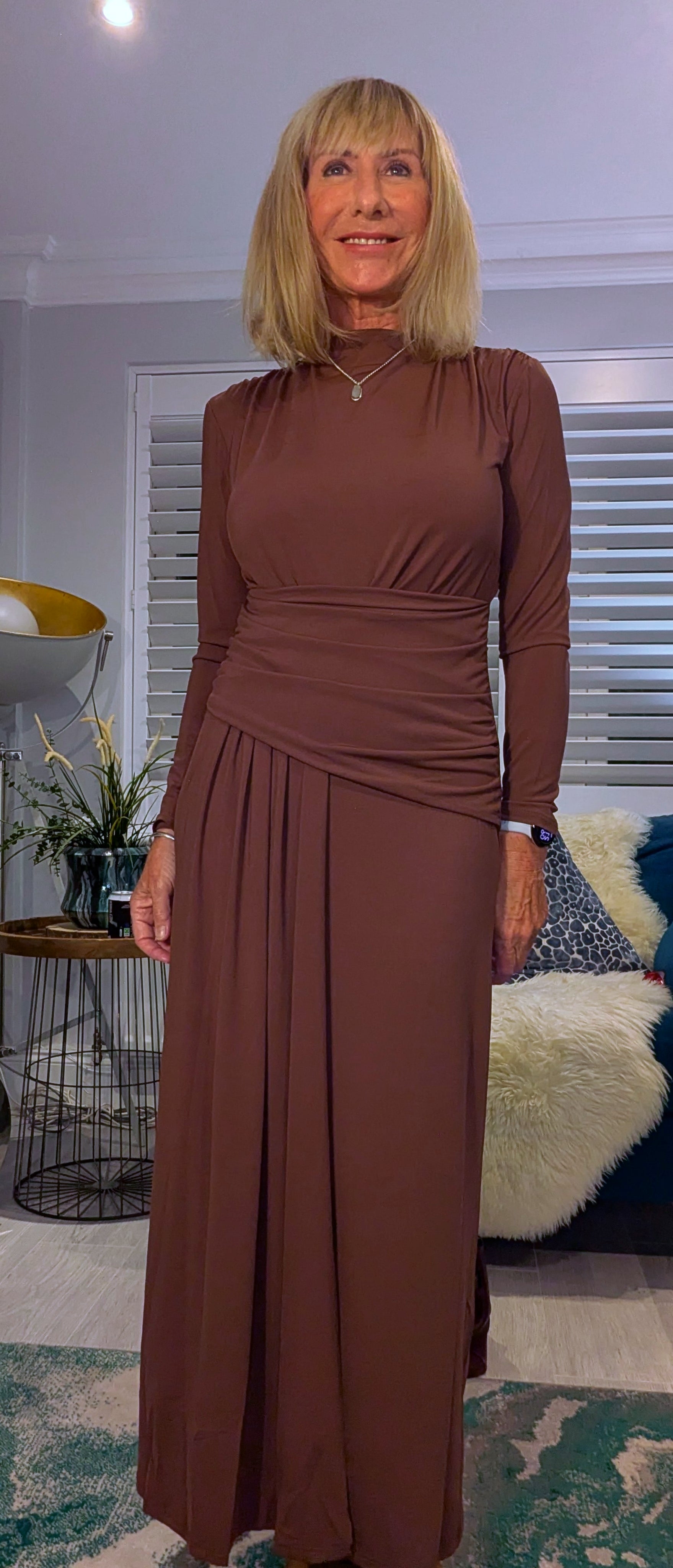 Rusty Ruched Dress – Rust with Drop Waist -Slash Neck