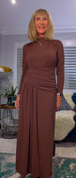 Rusty Ruched Dress – Autumnal Rust with Drop Waist & Slash Neck