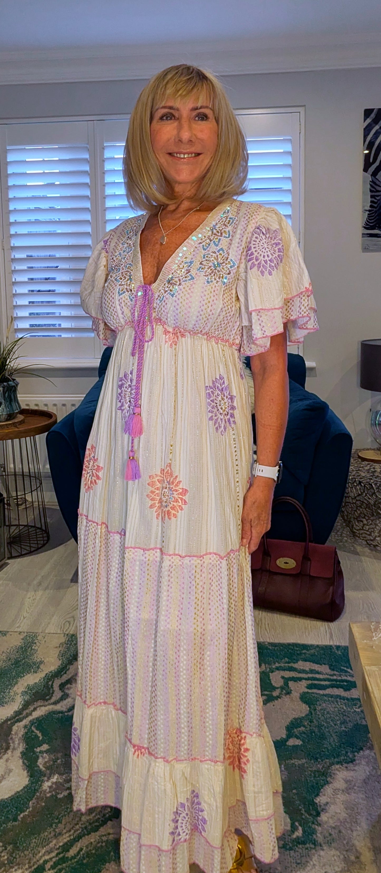Rhea Bohemian Floral Maxi Dress In Green or Lilac Cotton