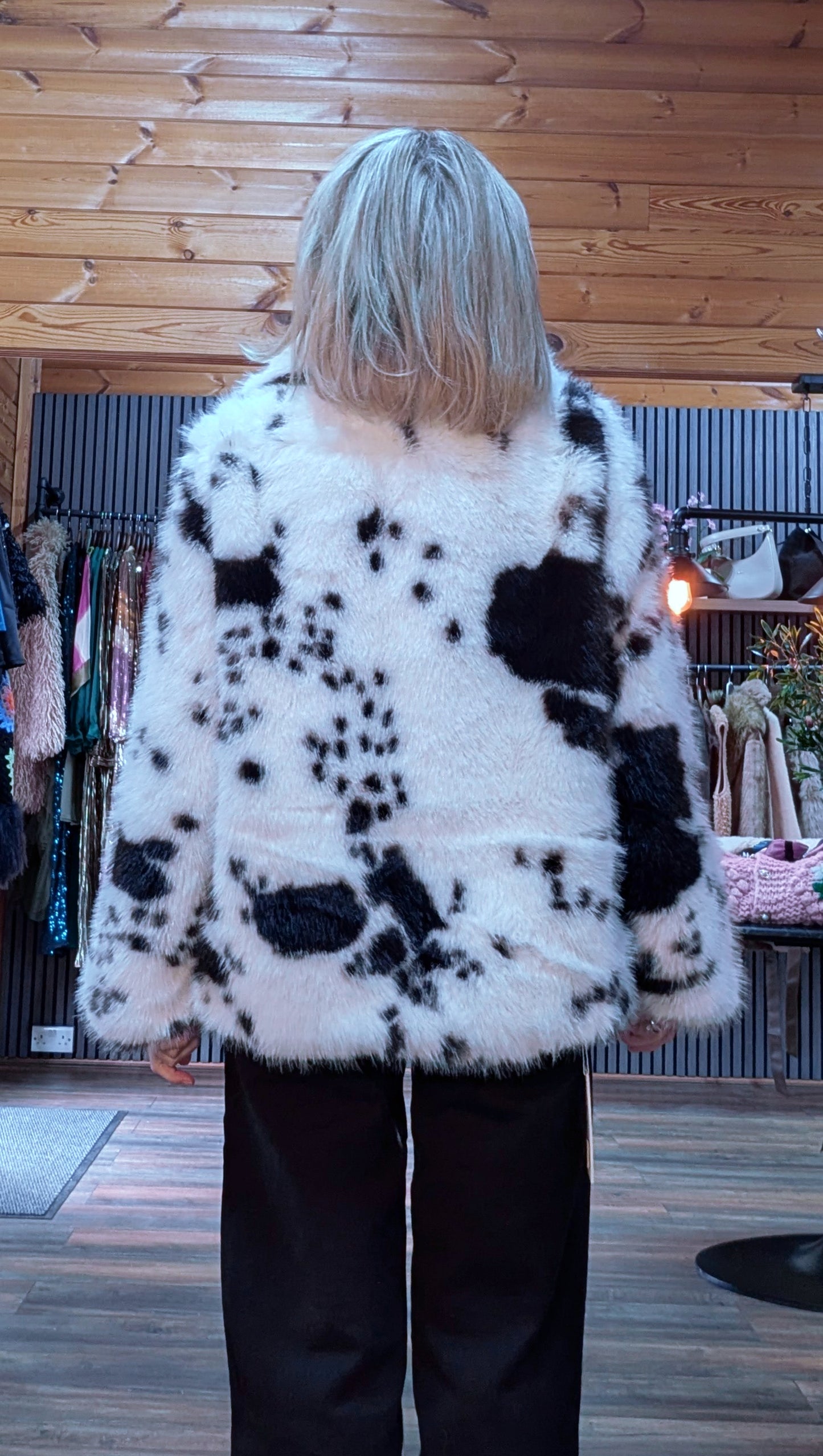 Bessie Cow Print  Faux Fur Jacket – Black - White Statement Style