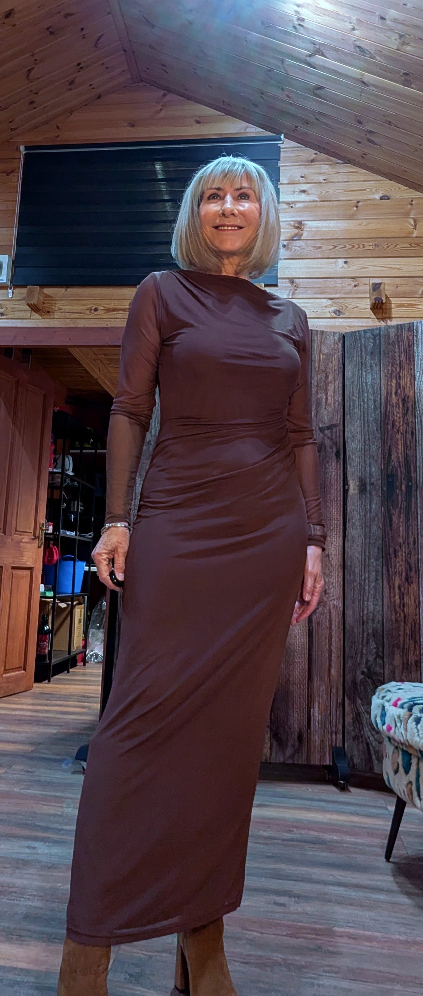 Monica Long Sleeves Mesh Midi Dress In Chocolate
