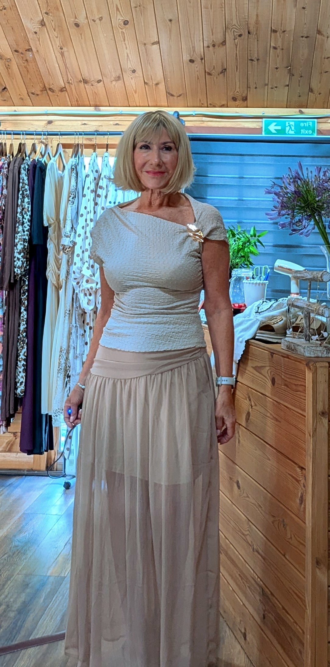 Tonia Boho Draped Waist Skirt lined to the knee with front split and fully line to the knee