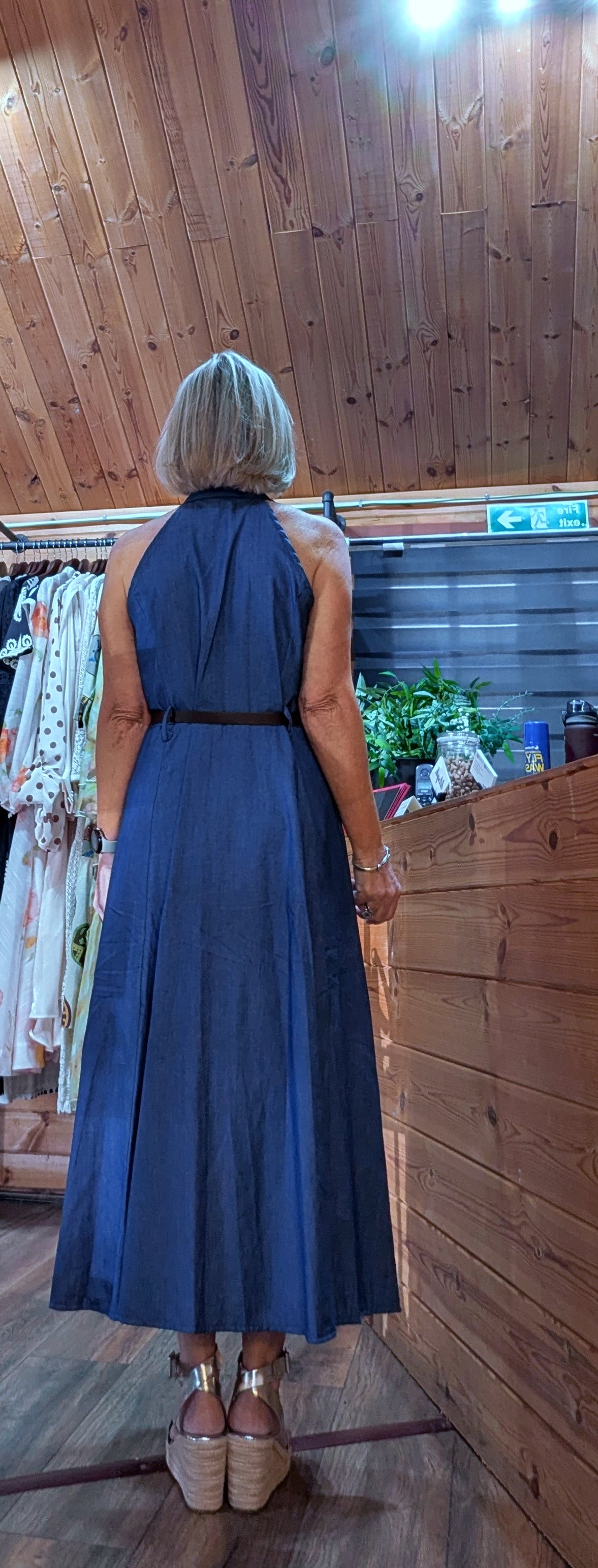 Raven navy blue cotton maxi dress with collared neckline Rear view