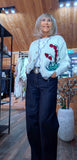 Misty Ivory Cardigan – Grey Piping & Embroidered Floral Detail