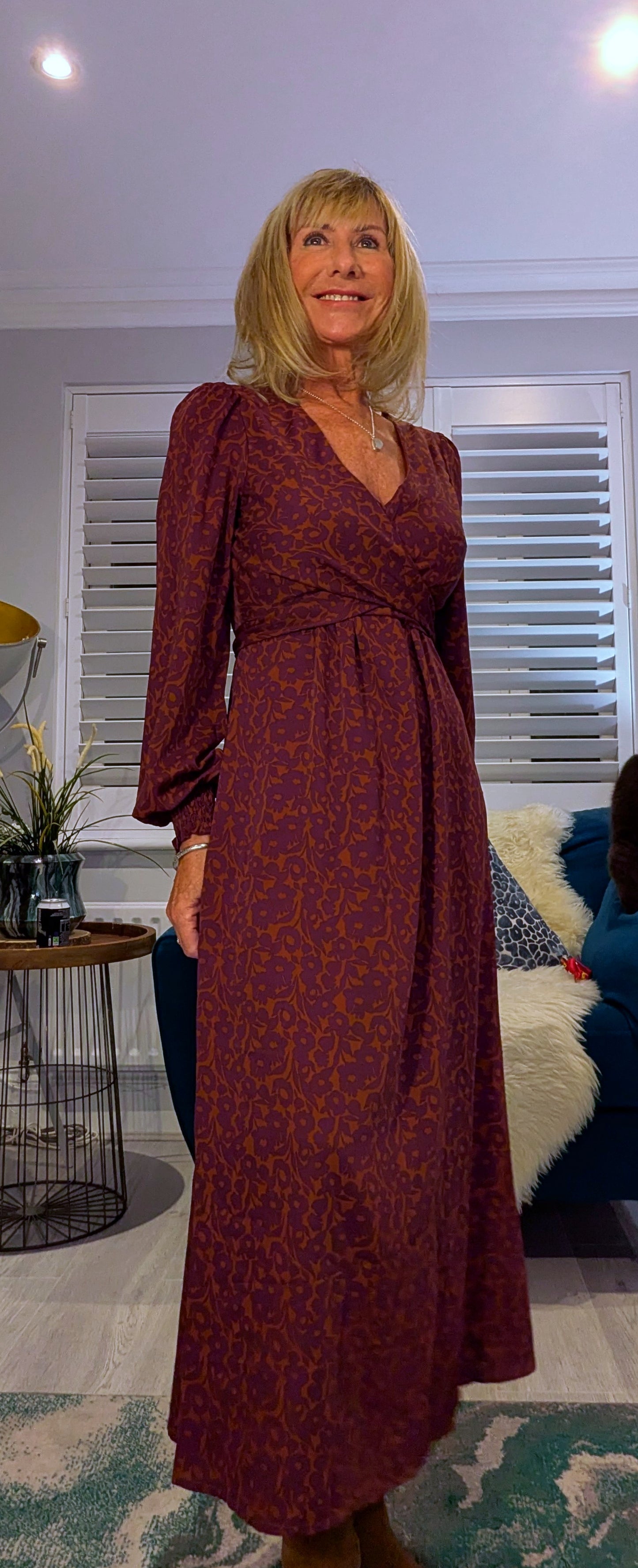 Dulcie Ditsy Floral Midi Dress – Maroon and Purple Silky Wrap