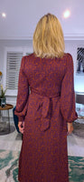Dulcie Ditsy Floral Midi Dress – Maroon & Purple Silky Wrap