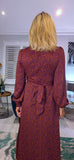 Dulcie Ditsy Floral Midi Dress – Maroon & Purple Silky Wrap