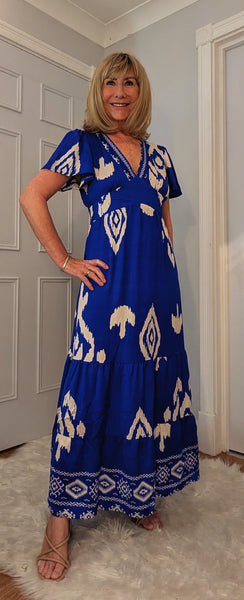 Nettie Boho Maxi Dress – Green or Blue, Flutter Sleeves, Elasticated Waist