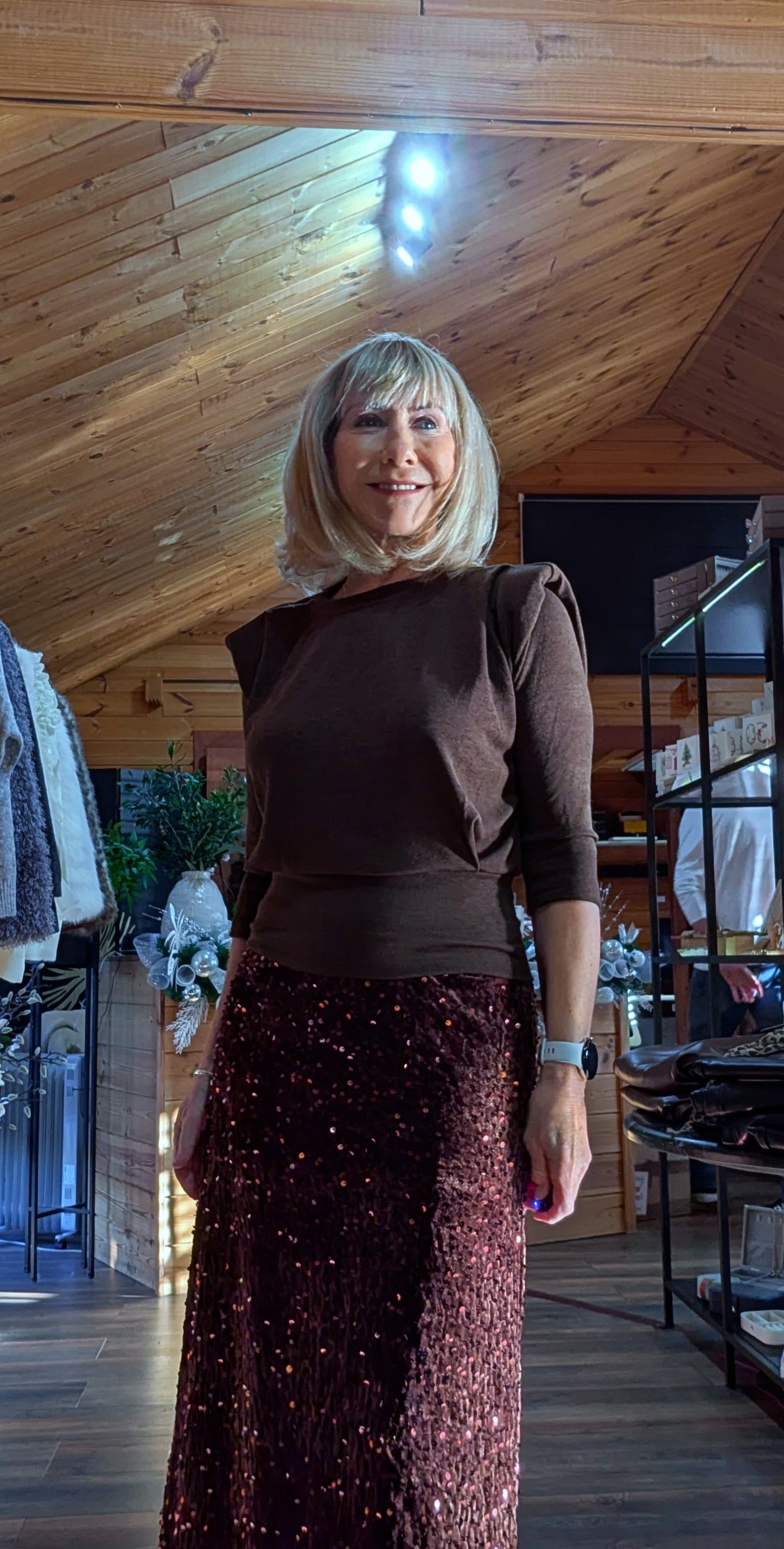 Mindy Chocolate Tailored Sweater – Shoulder Pads  Fitted Waist