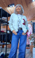 Misty Ivory Cardigan – Grey Piping & Embroidered Floral Detail