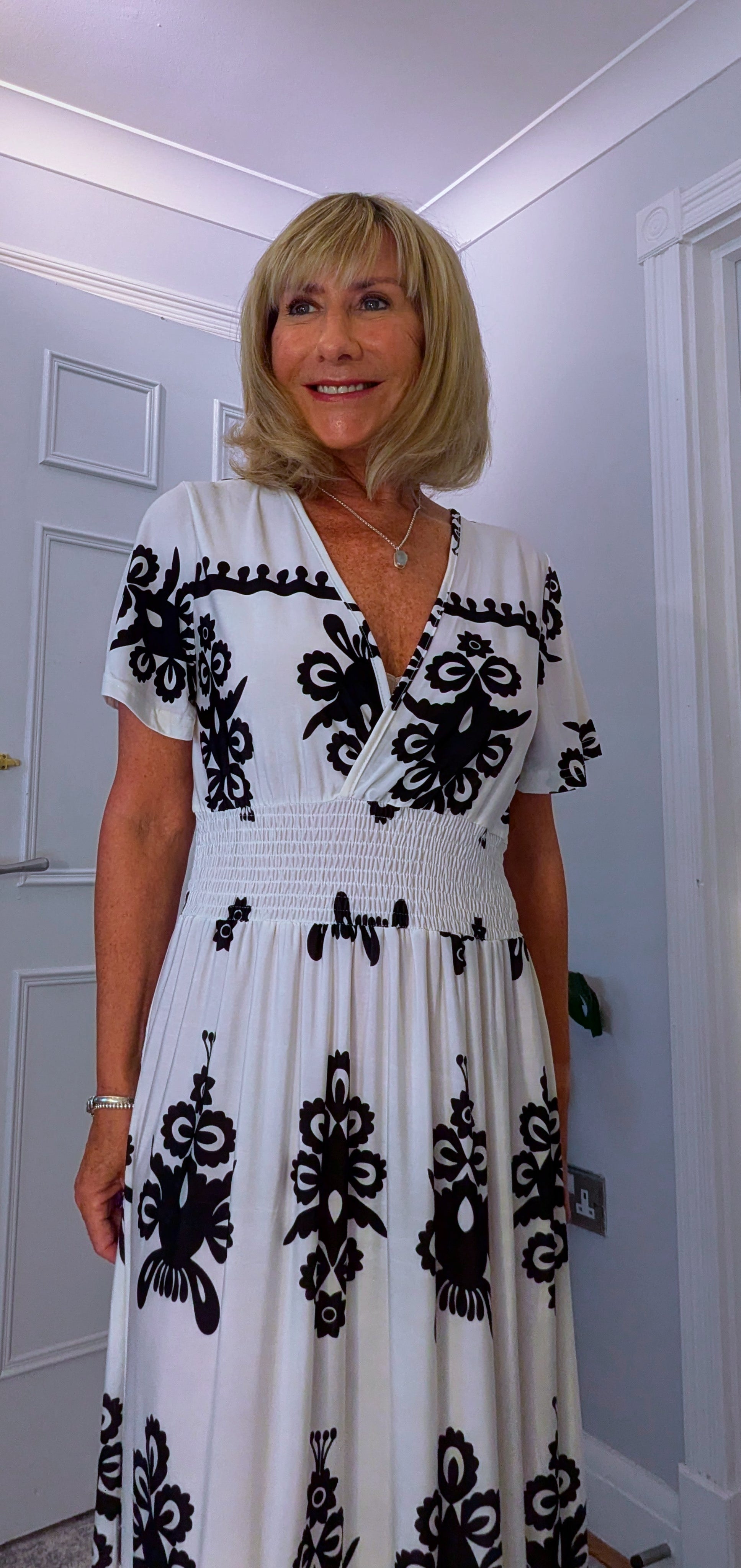 Elissa Dress Soft Jersey in  Bold Print With Shirred Waist White