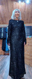Juno Black Sequin Dress – Scoop Back with Pagoda Sleeves