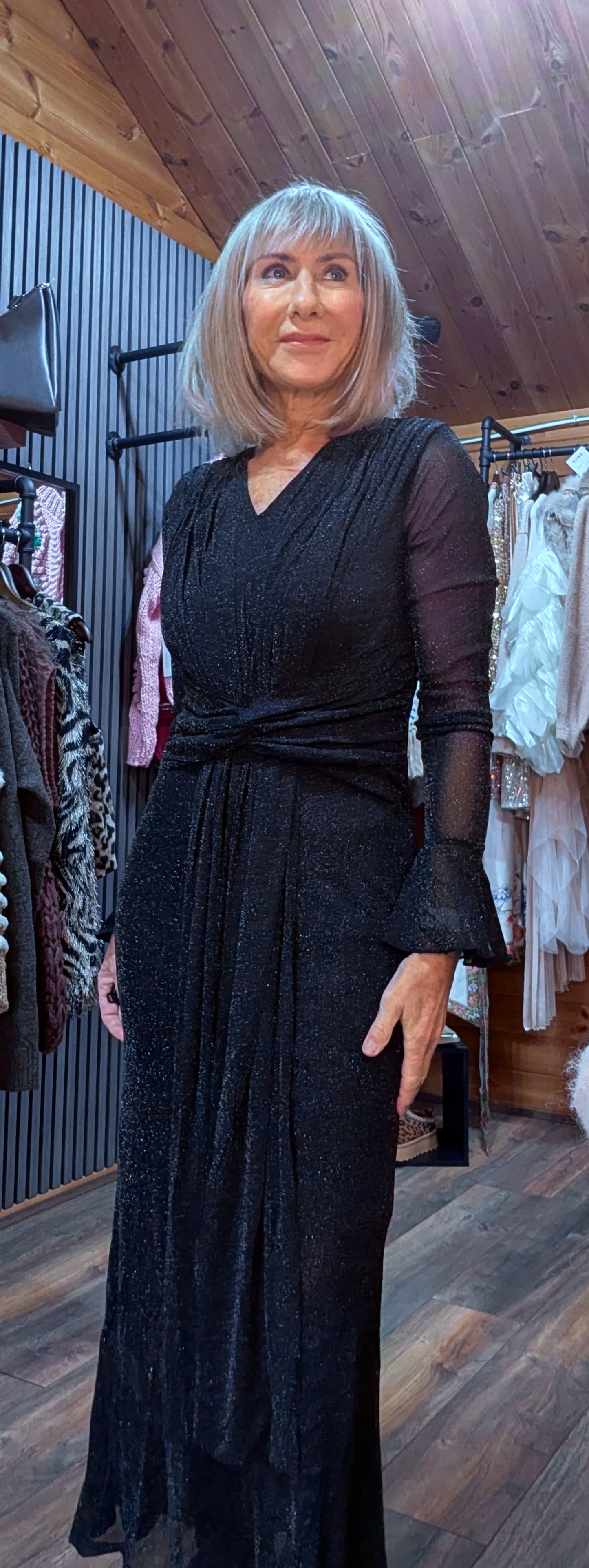 Shirley Black Glitter Mesh Dress – Draped Midi with Long Sleeves