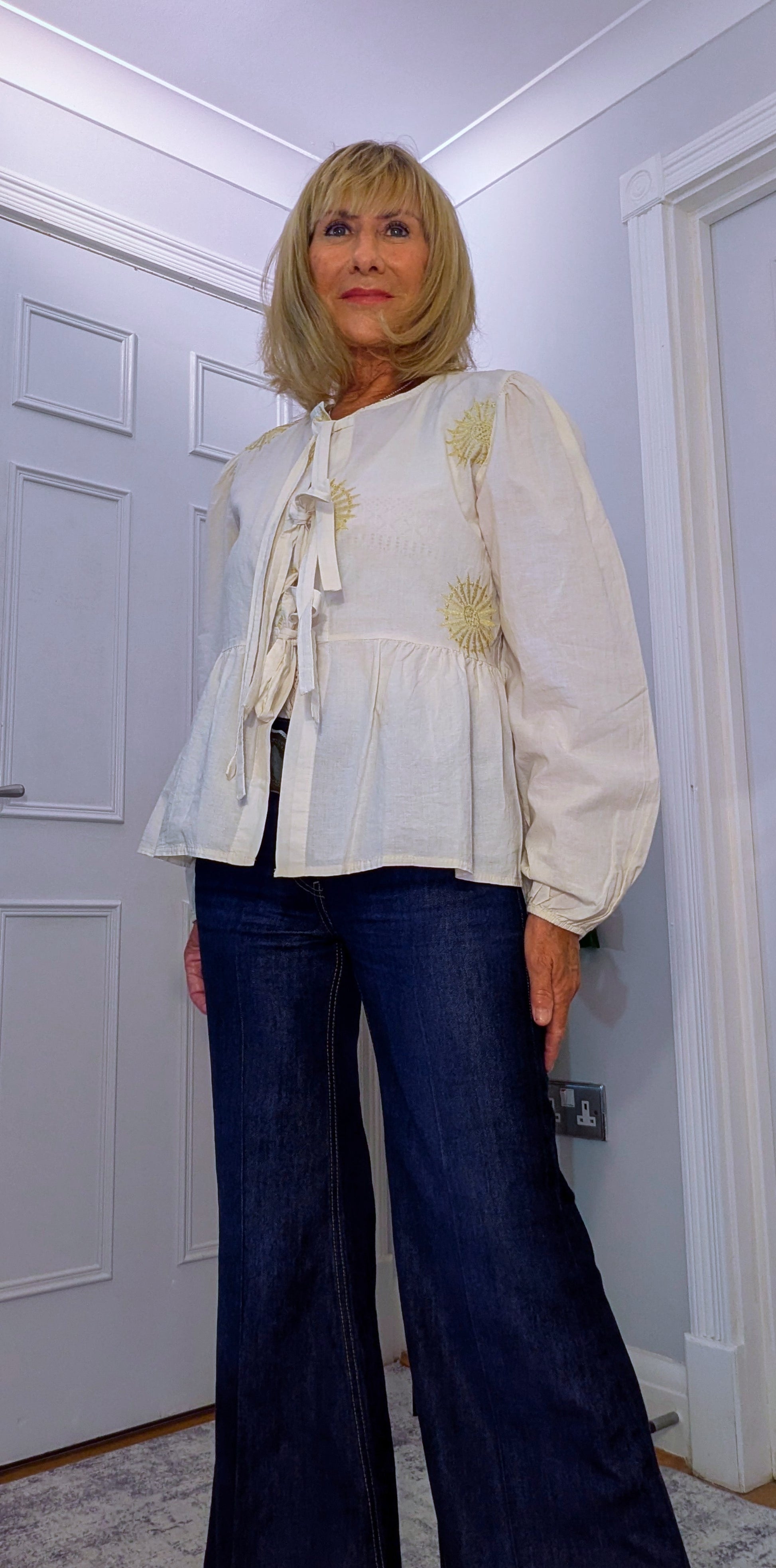 Melanie Cotton Smock Blouse in Cream with Gold Embroidery