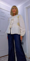 Melanie Cotton Smock Blouse – White or Cream with Gold Embroidery