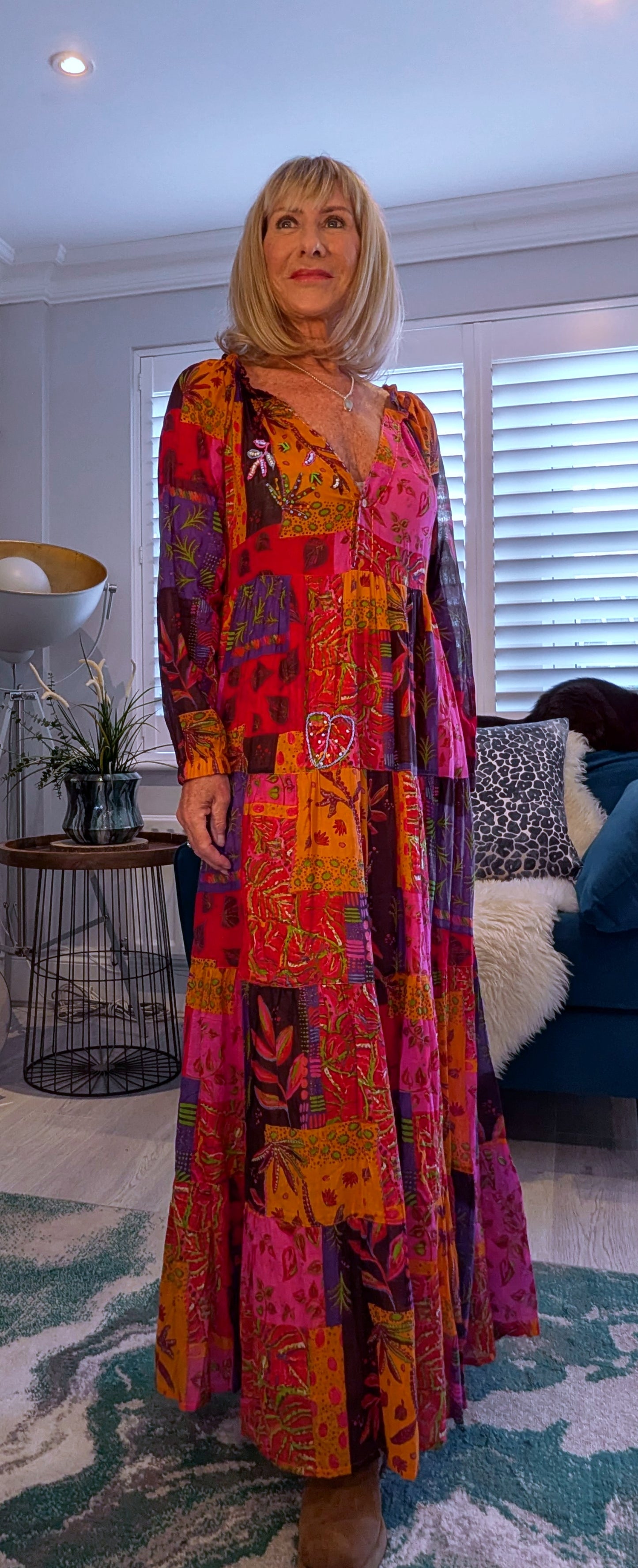 Sheridan Printed Maxi Dress – Embroidered, Tiered, Long Sleeve Multi Coloured