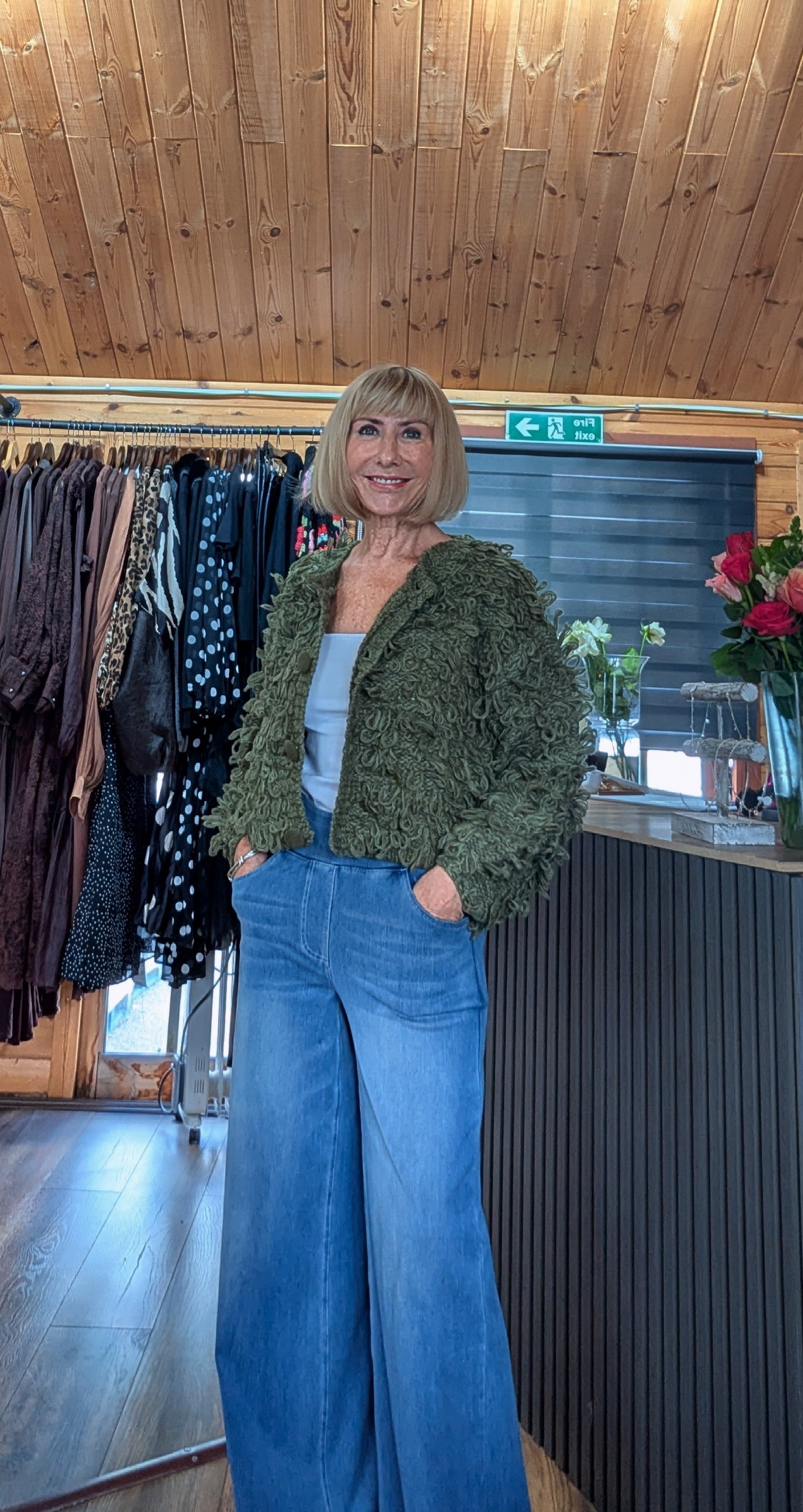 Dahlia green textured jumper with round neckline