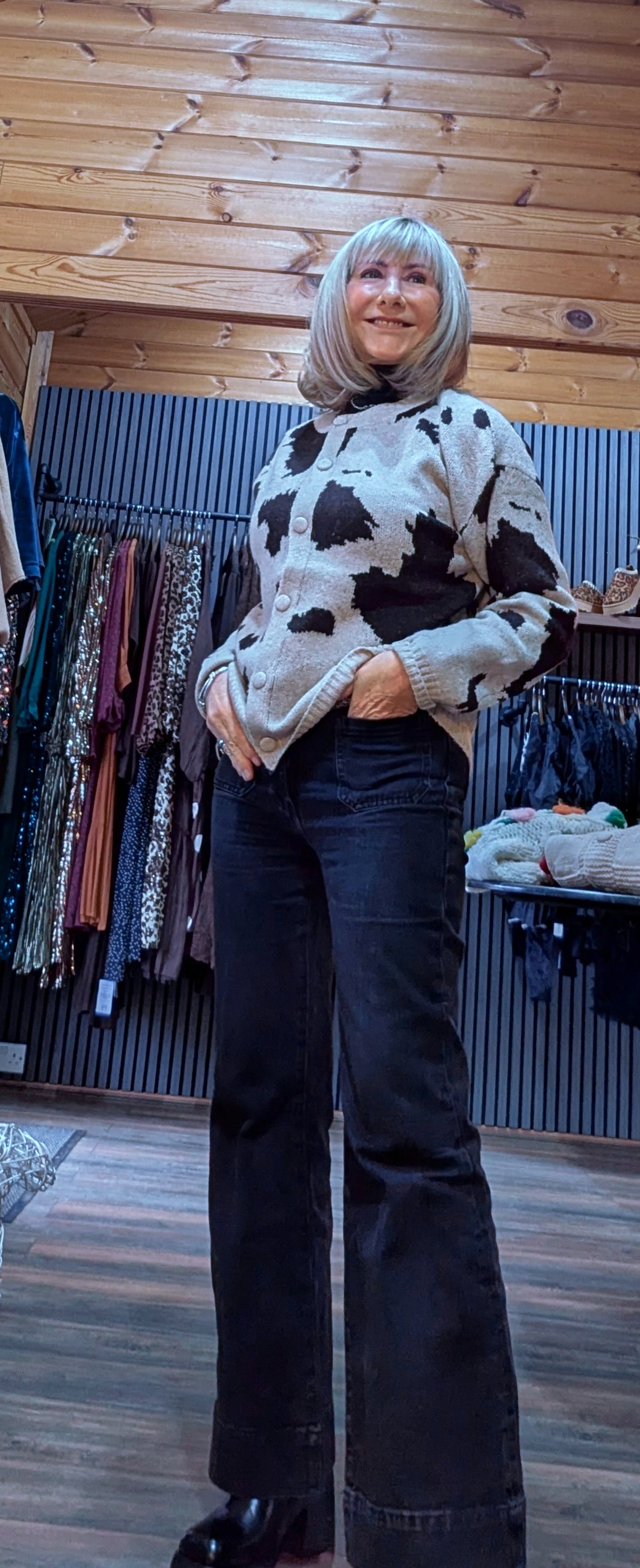 Cathy Taupe Cow Print Soft Knit Cardigan – Button Front