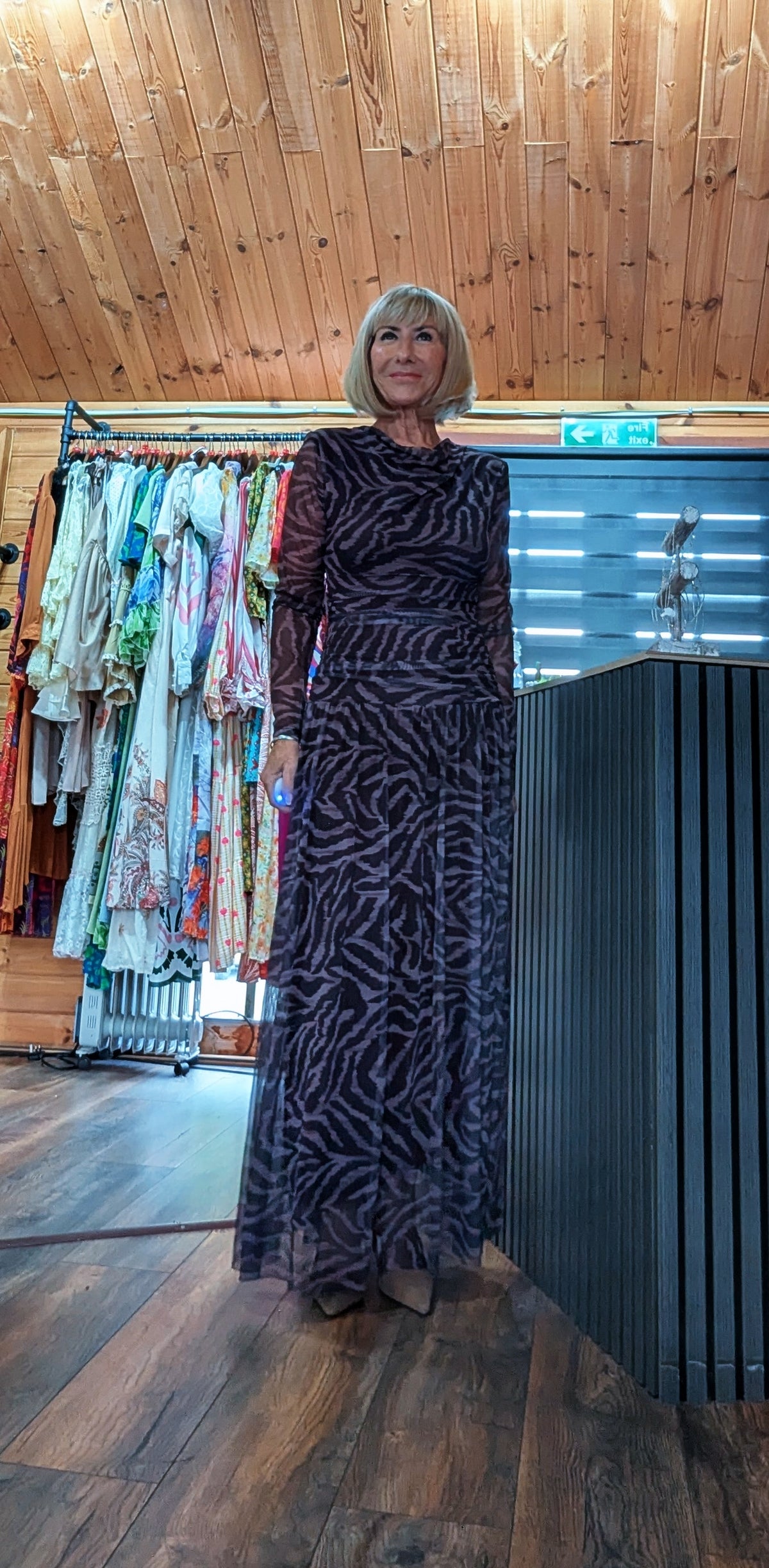 Chocolate animal print long sleeve maxi dress UK 8–14 UK boutique with cowl neckline and sheer sleeves