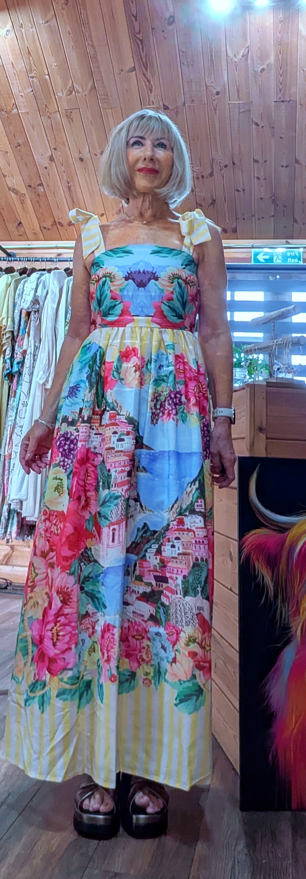 Maxi summer bold print dress with tie shoulder straps