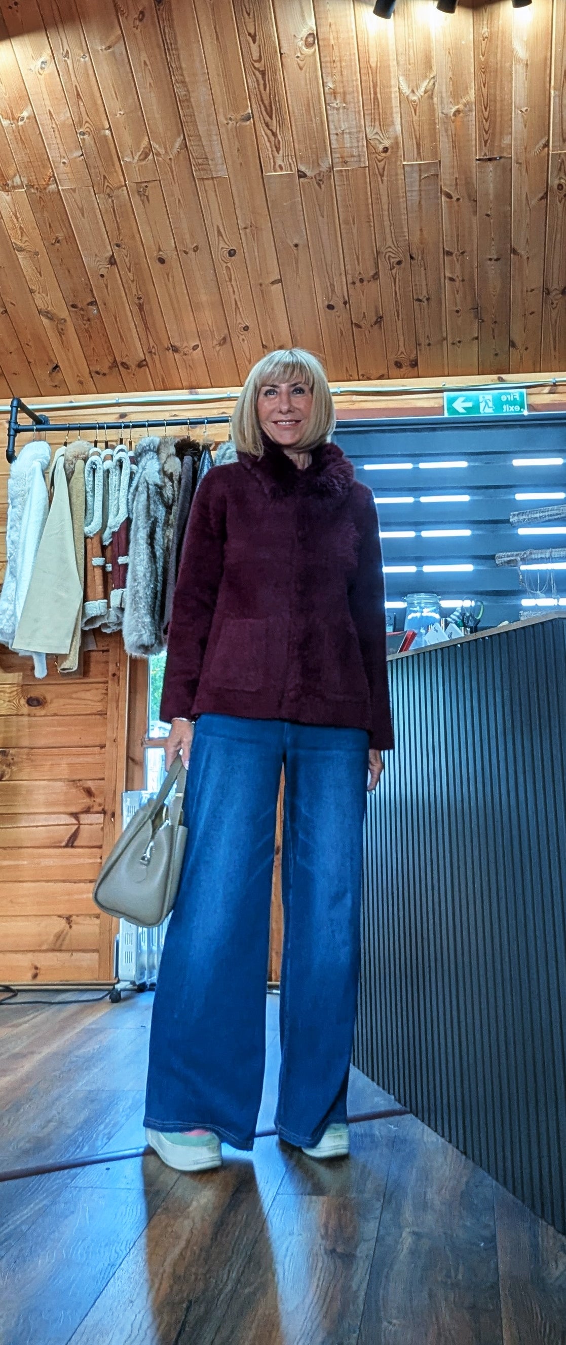 Soft button-front cardigan with long sleeves and faux-fur collar, fitting UK sizes 8–12 worn by ditsydi
