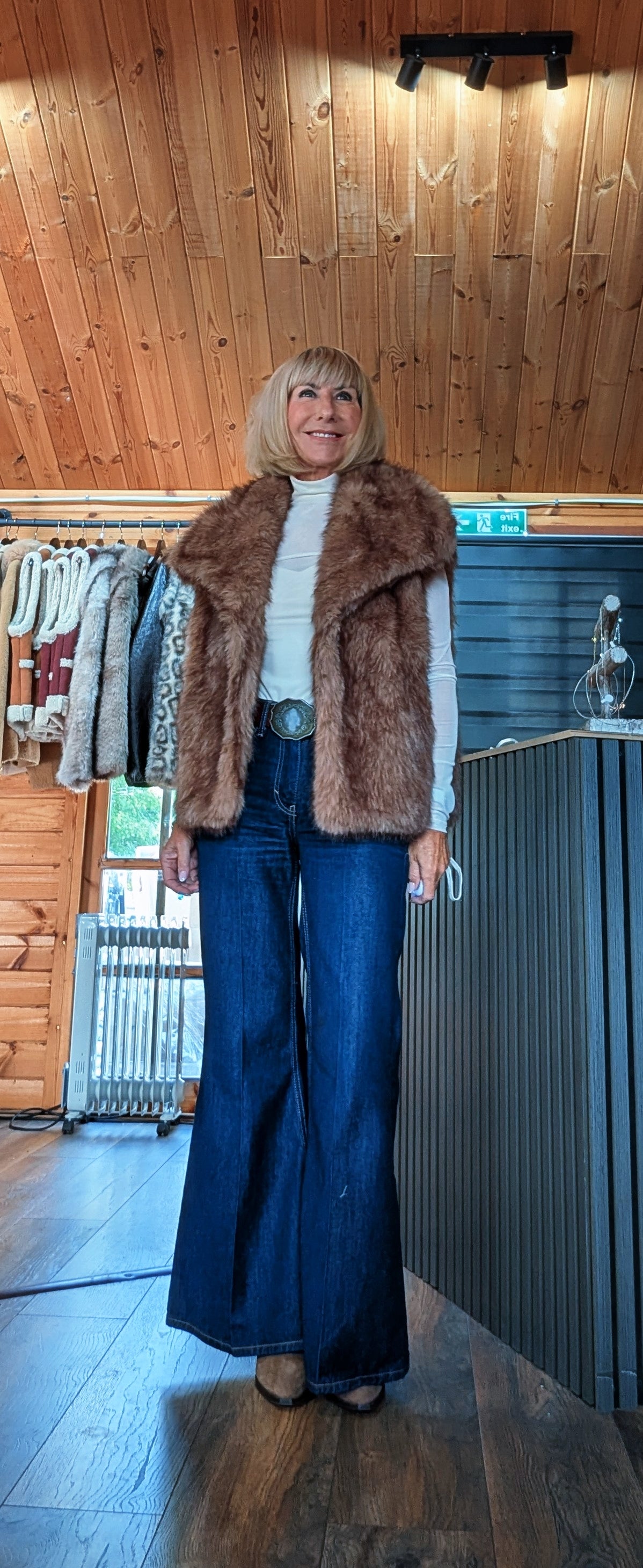 Chocolate faux fur sleeveless gilet for autumn and winter worn by ditsydi UK boutiqe