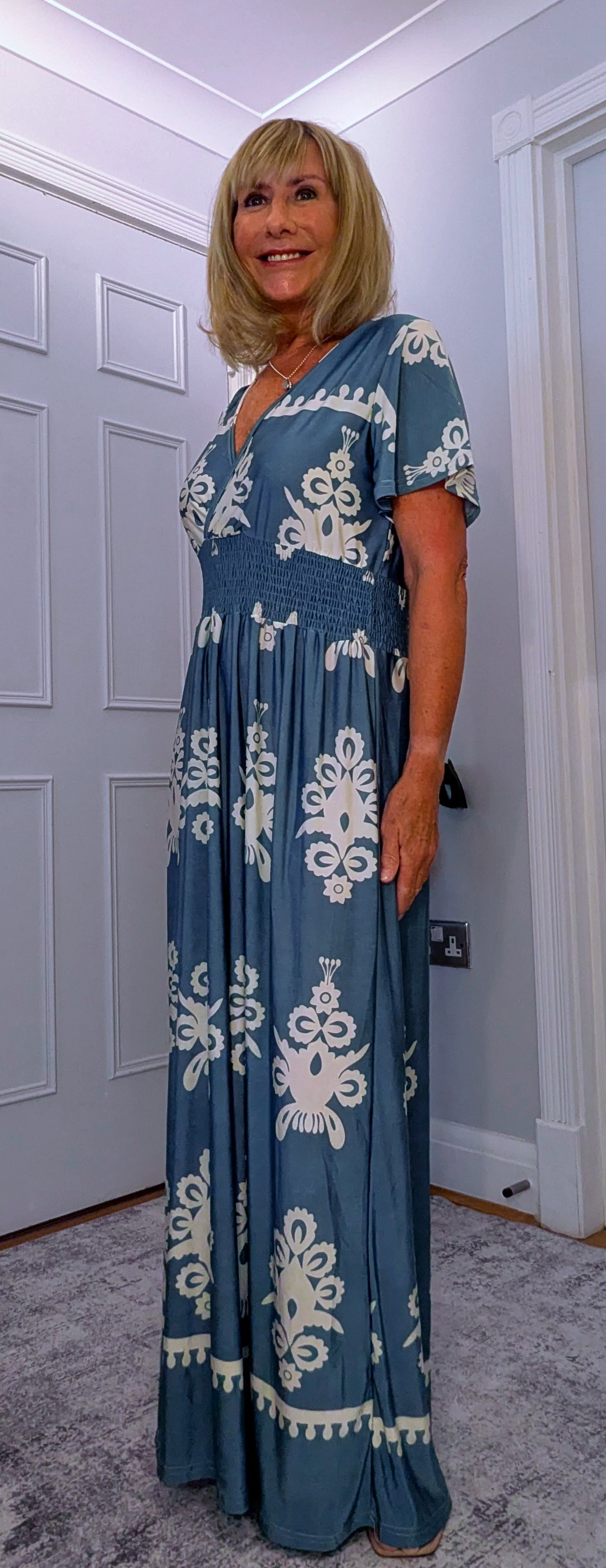 Elissa Dress Soft Jersey in  Bold Print With Shirred Waist Turquoise