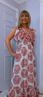Nolan Boho Maxi Dress –Pink & Ecru, Flutter Sleeves, Elasticated Waist
