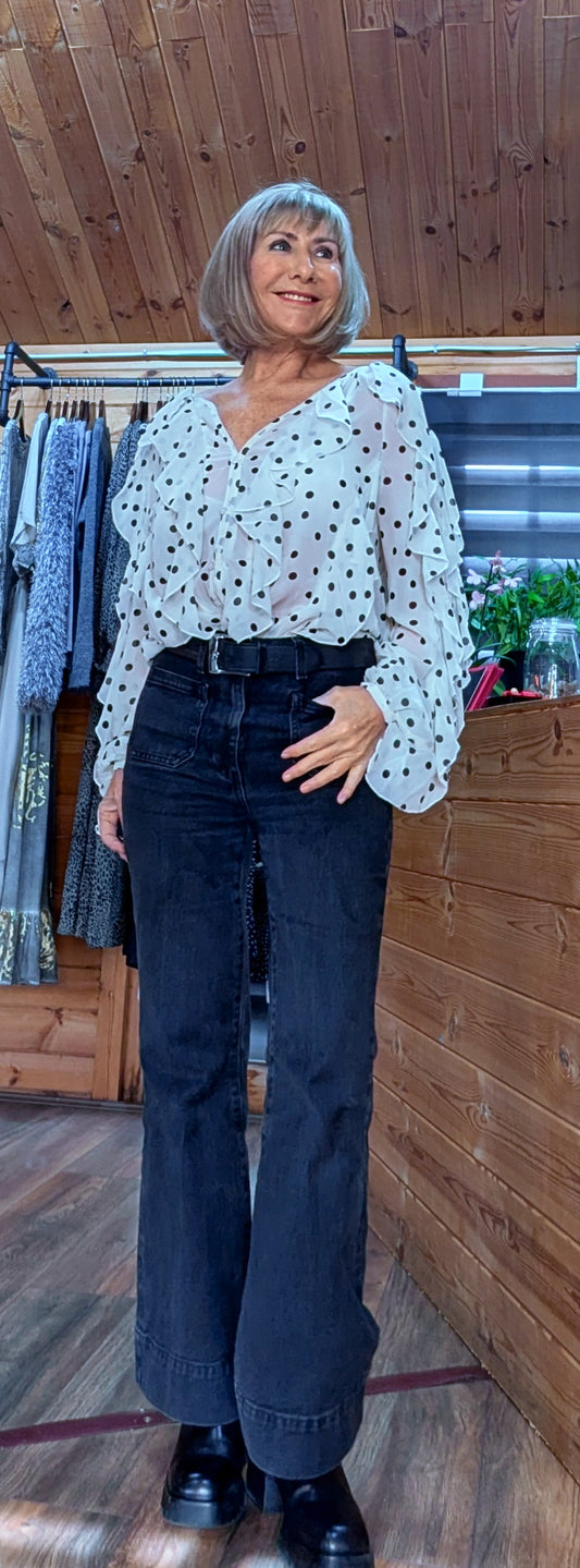 Ashley Blouse – Statement Frilled Blouse - Ivory with Polka Dots