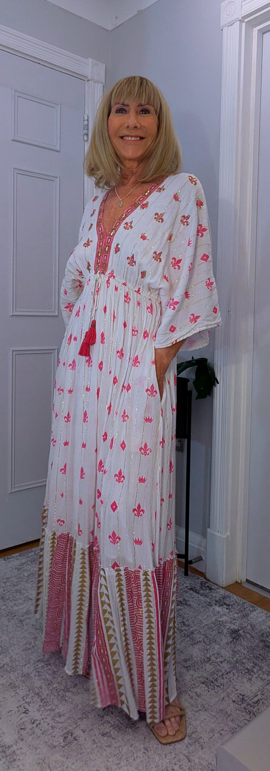 Ava Sequin Maxi  Bohemian Dress  in Pink with Tassels