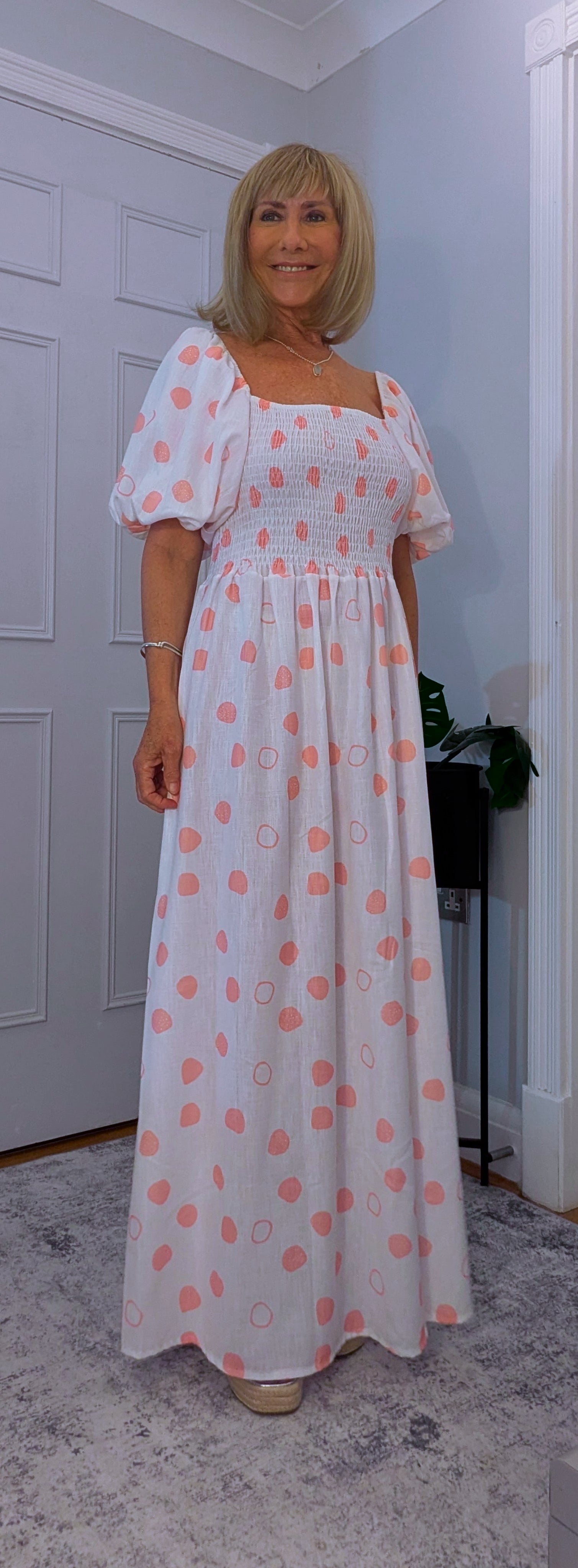 Candy On or Off - Shoulder Puff Sleeve Dress with  Shirred Bust
