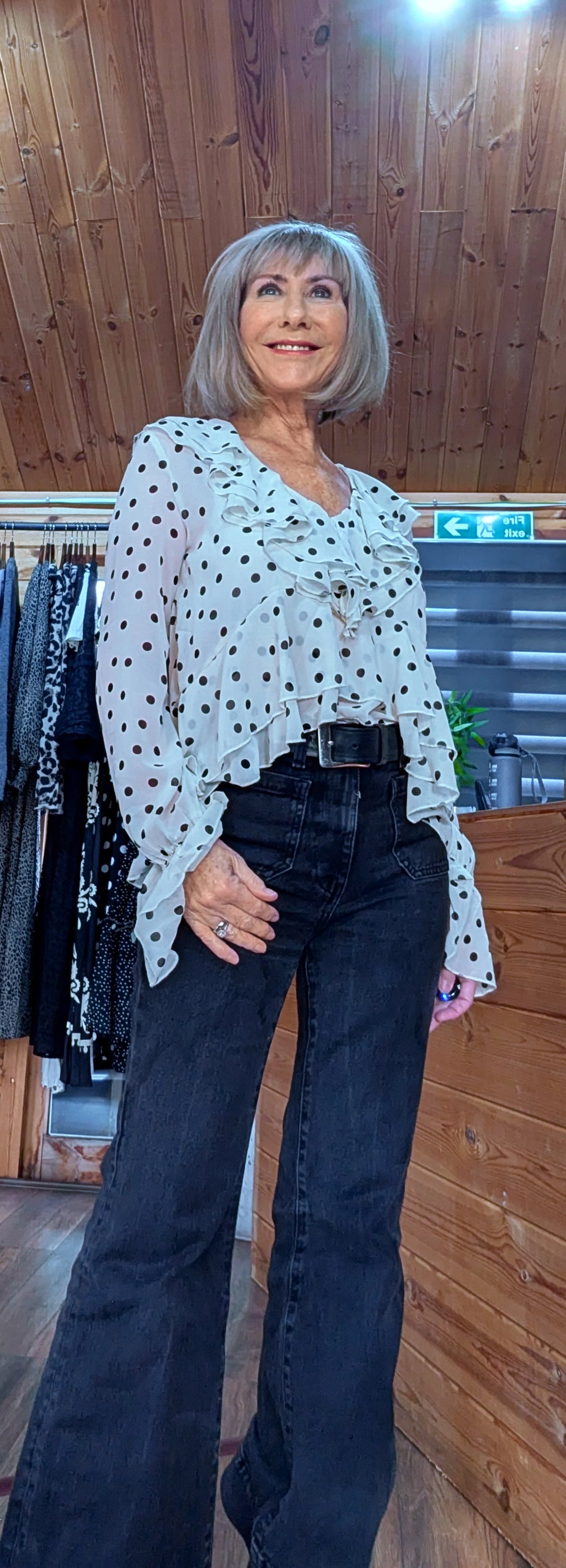 River Statement Frilled Blouse - Ivory with Black Polka Dots