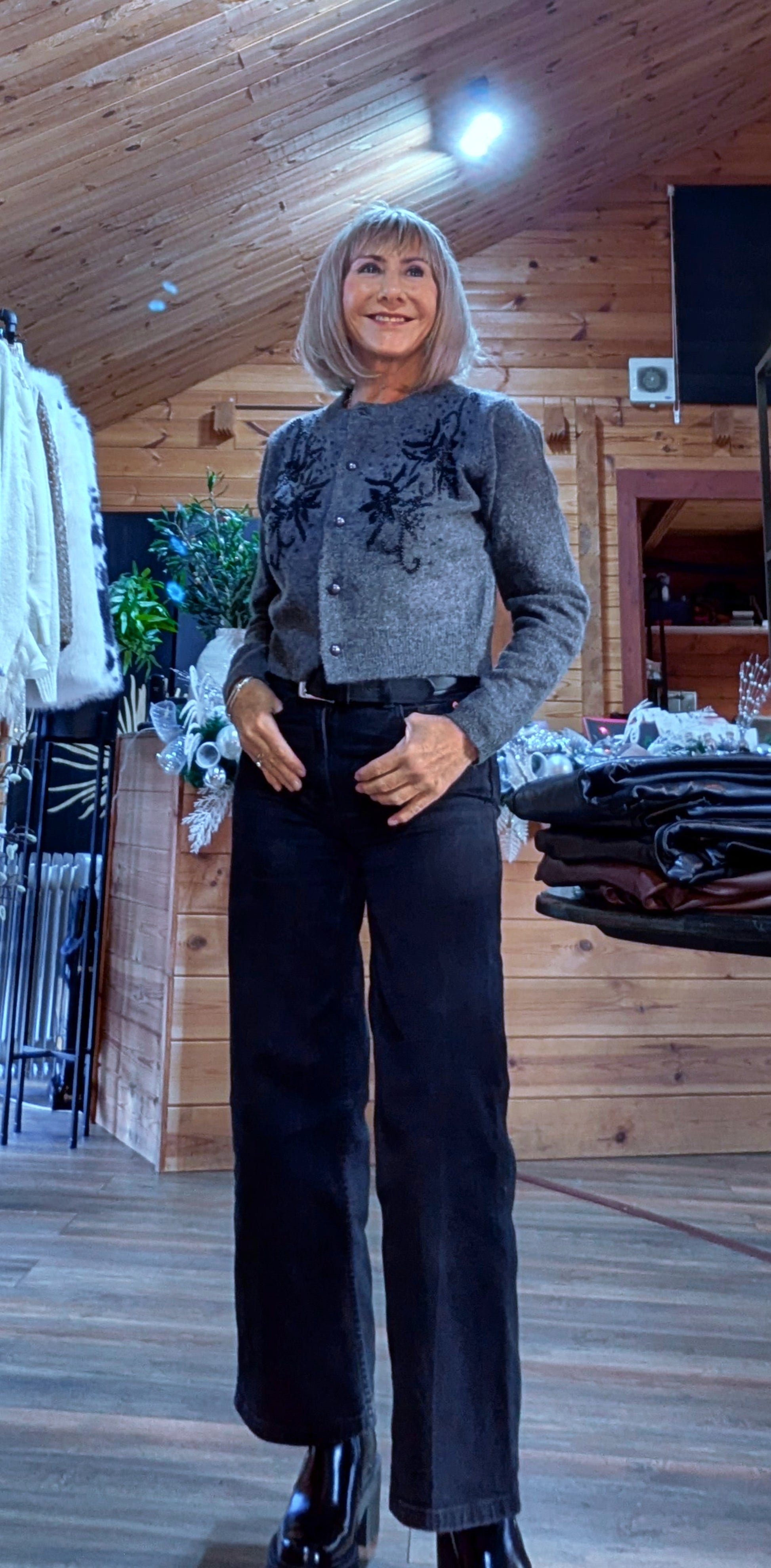 Sophie Charcoal Grey Cardigan – Black Beaded Floral Detail