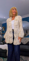 Dolly Grey Or Cream  Chunky Knit Cardigan – 3D Flower Border & Pagoda  Sleeves