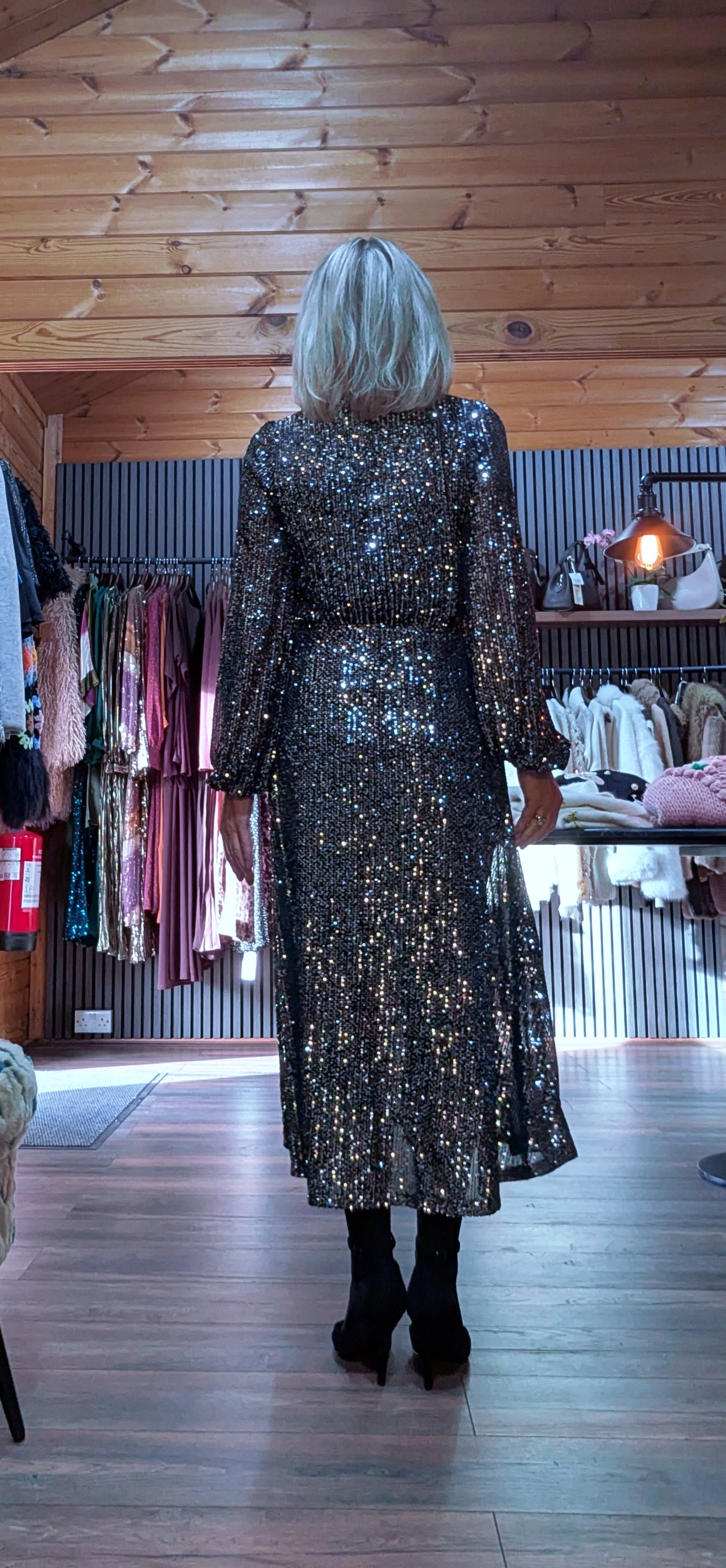 Monroe Silver Sequin Midi Dress – Long Sleeved with Tie Bust