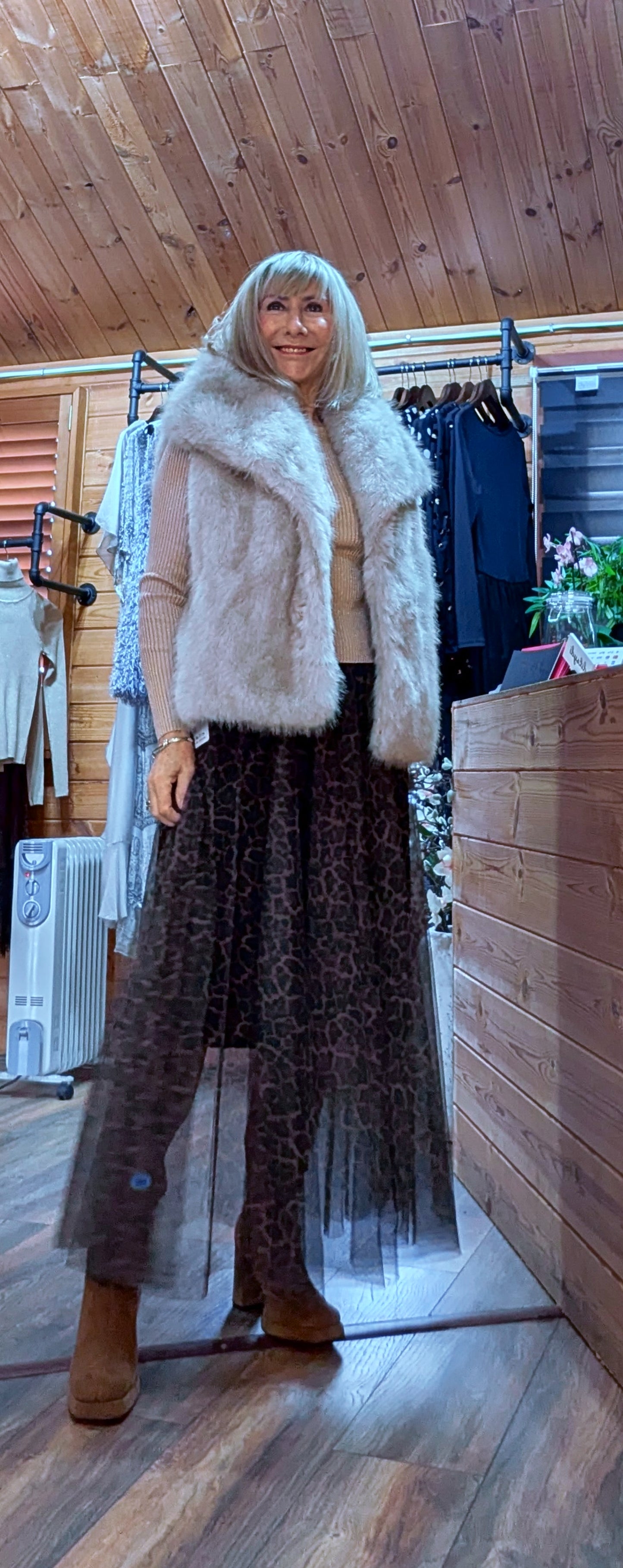 Callista Leopard Print Tulle Skirt – Fully Lined - Flowy Coco Collared Faux Fur Gilet –Taupe/Soft Beige