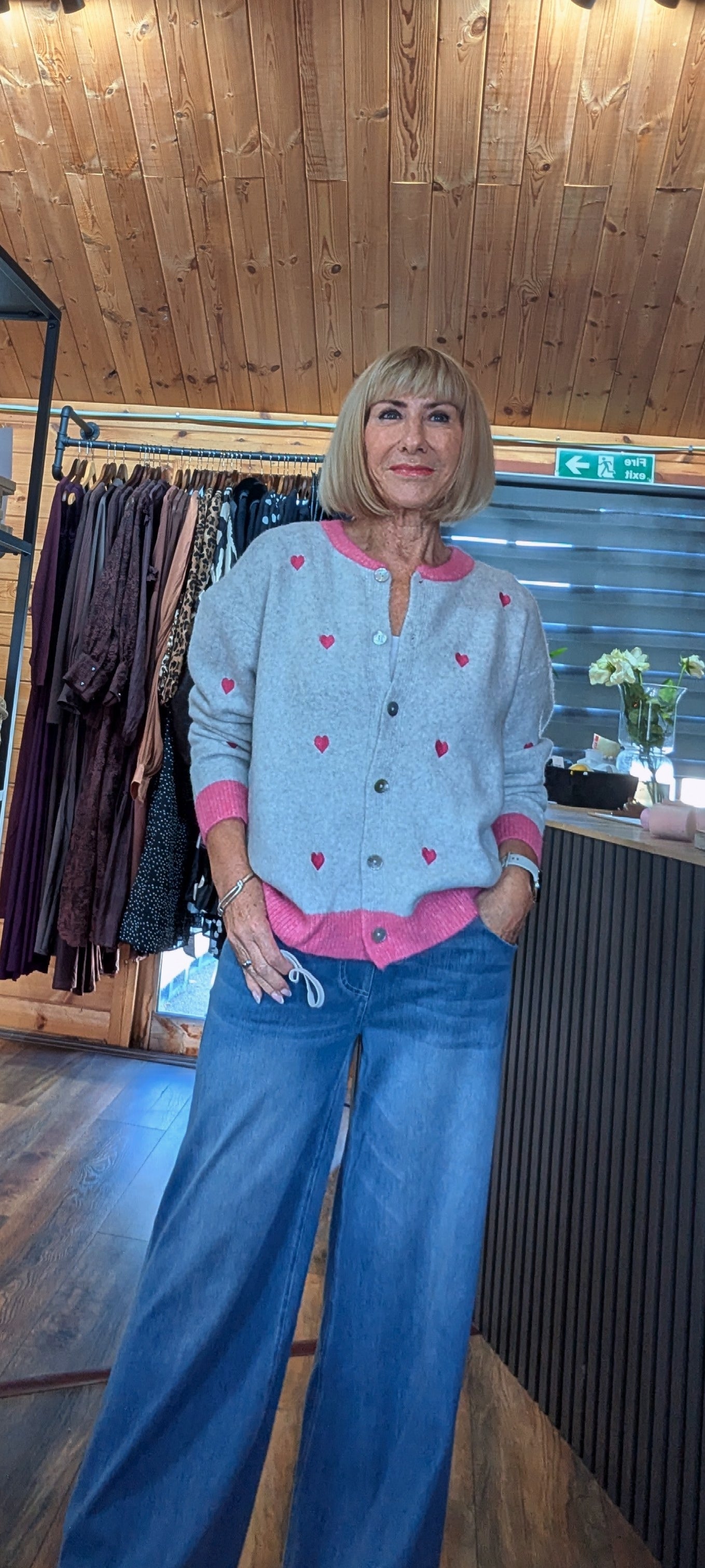 Zoe grey heart knit cardigan with pink contrast trim