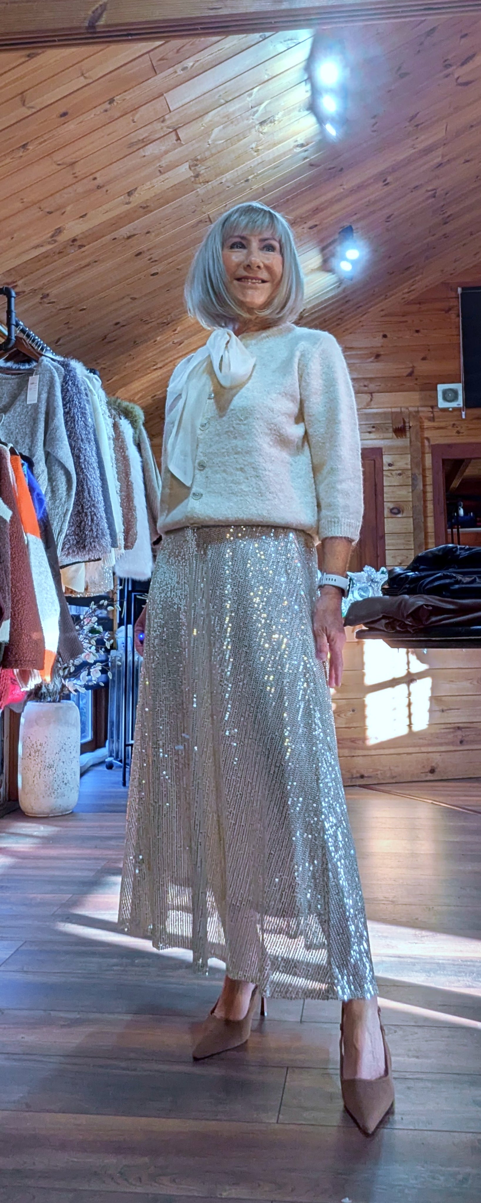 Cher Gold Bias Cut Midi Sequin Skirt